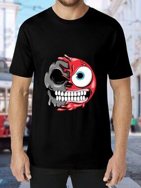 Black Short Sleeve Graphic Tee with Red & Gray Skull Emblem